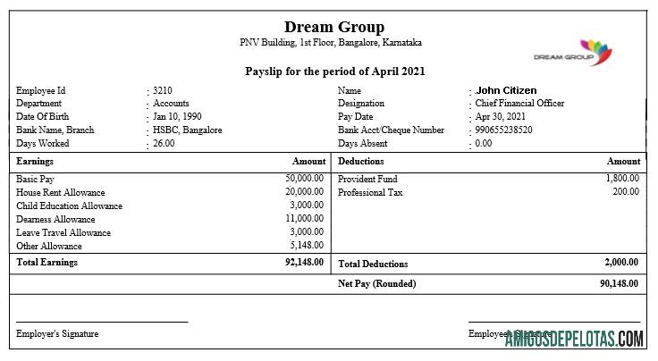 Recibo de pagamento do Grupo INDIA DREAM em formatos Word e PDF exemplo